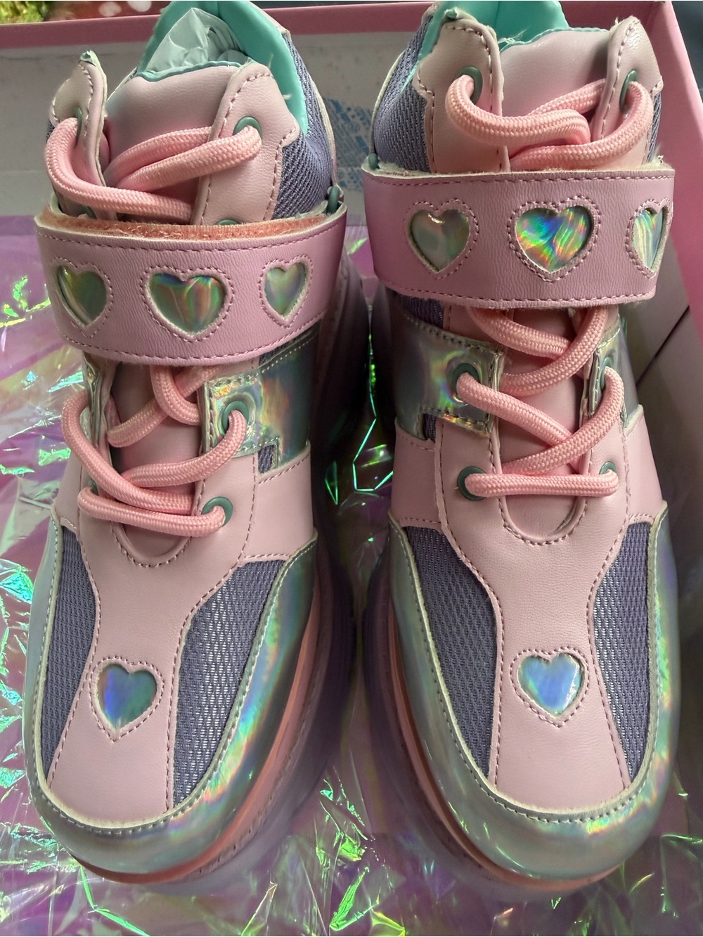 Dolls Kill Pink Holographic Heart High-Top Sneakers